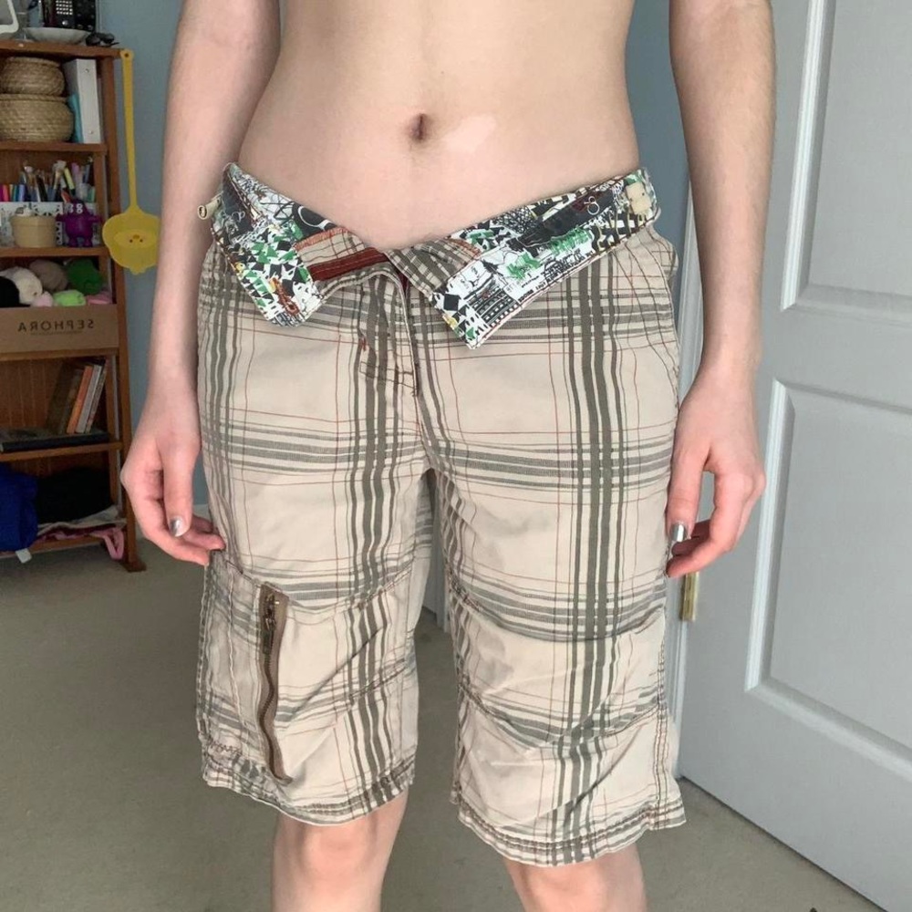 tan and grey unique grunge jfashion style plaid shorts w/ red details by op